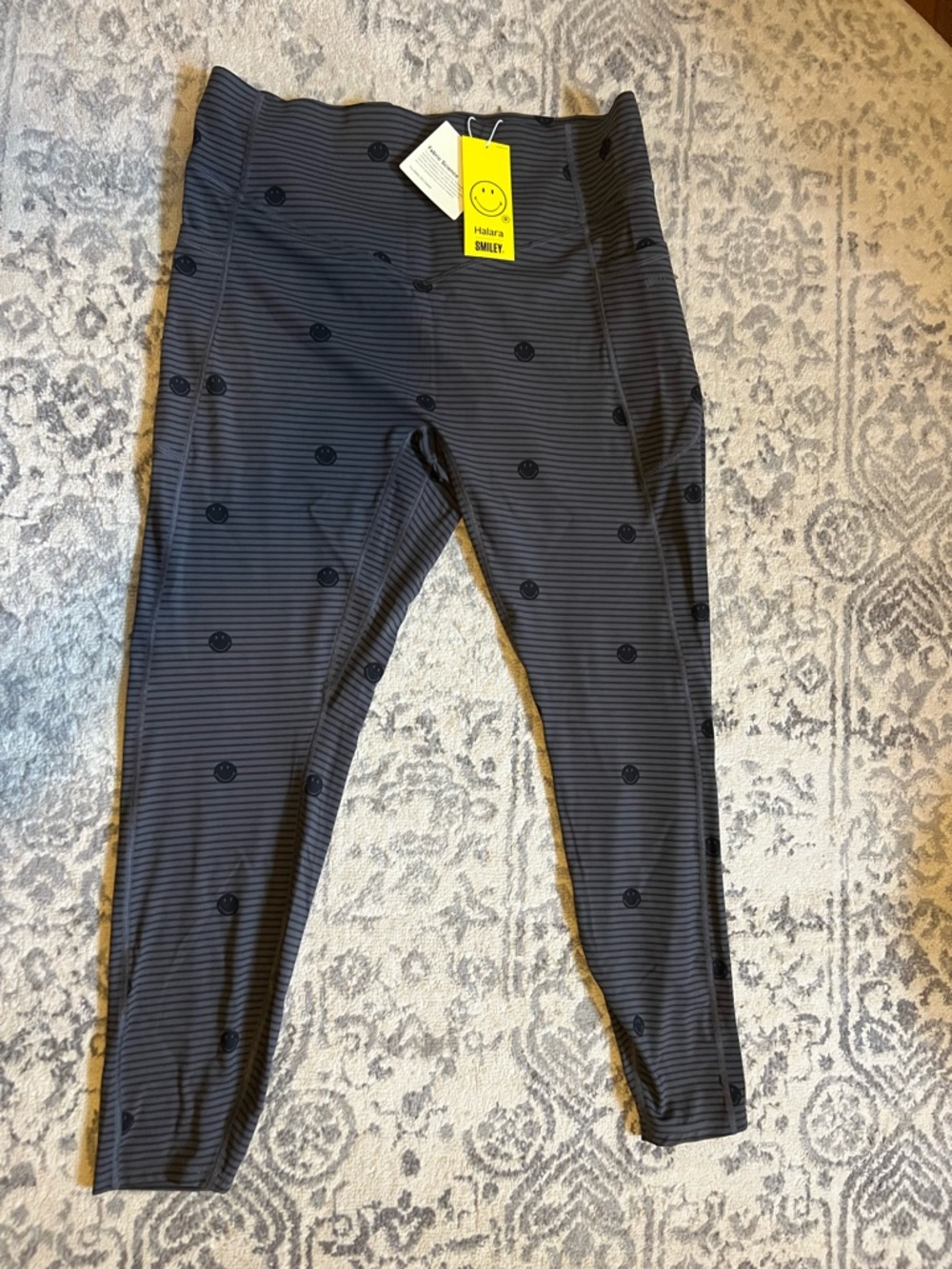HALARA Black & Gray Striped Leggings with Smiley Dot Print. Booty Lifting Viral!